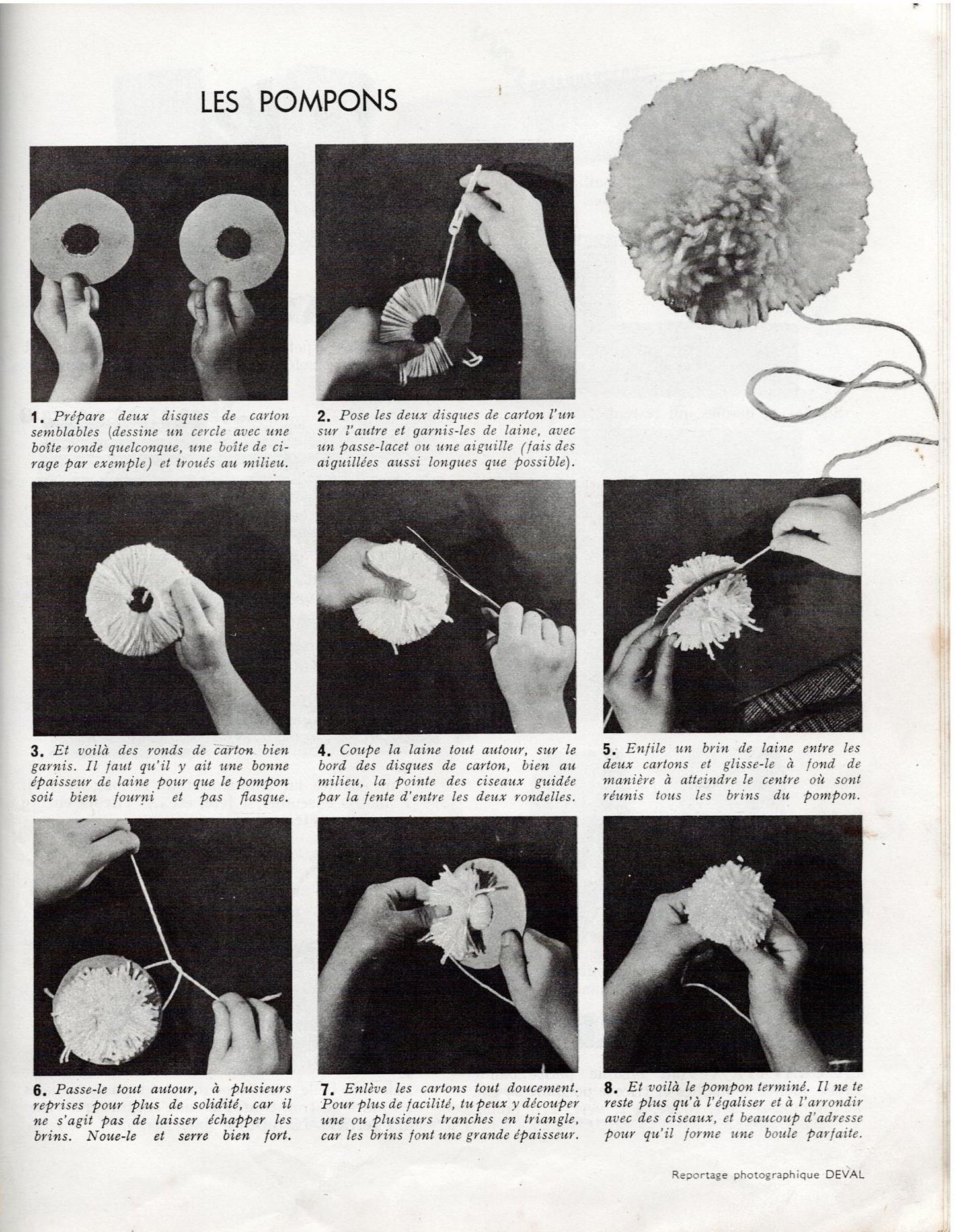 4ème Leçon,Comment faire des Pompons?(Livre 1947 modèles, j'apprends à  tricoter pour habiller Primevère , ma poupée)
